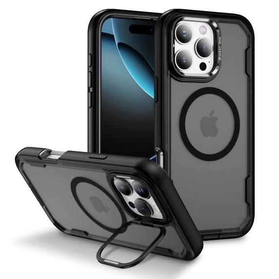 Magnetic Case for iPhone 13 Pro Max with Kickstand, Compatible with Magsafe, Built-in Camera Stash Stand, Military Protection, Skin Feeling Hybrid Phone Case for iPhone 13 Pro Max, Black + Clear Gray