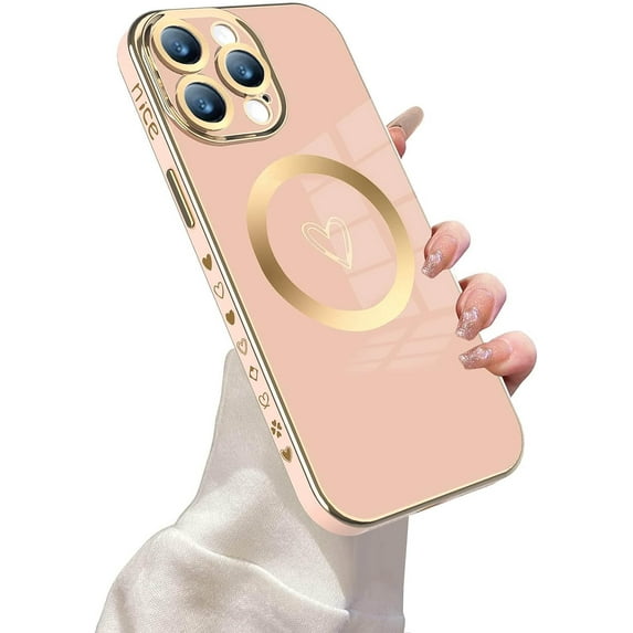 Magnetic Case for iPhone 13 Pro Max Phone Case for Women, Cute Love Heart Soft Magsafe Case, Raised Full Camera Lens Protection for iPhone 13 Pro Max Phone Case Magsafe (6.7")- Pink