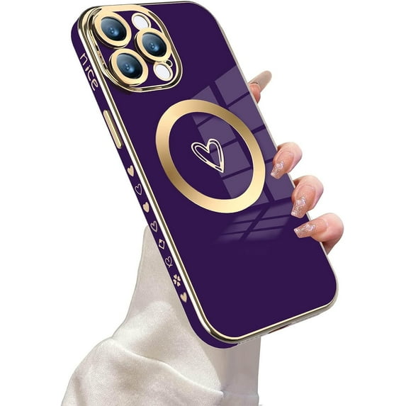 Magnetic Case for iPhone 13 Pro Max Phone Case for Women, Cute Love Heart Soft Magsafe Case, Raised Full Camera Lens Protection for iPhone 13 Pro Max Phone Case Magsafe (6.7")- Purple