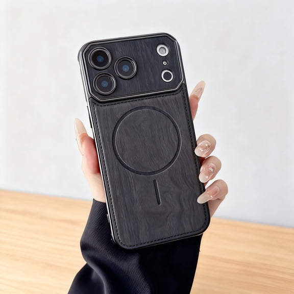 Magnetic Case for iPhone 13 Pro Max, Wooden Texture PU Leather TPU + PC Hybrid Phone Case, Compatible with Mag-Safe, Plating Edge Anti-Scratch Shockproof Cover for iPhone 13 Pro Max, Black