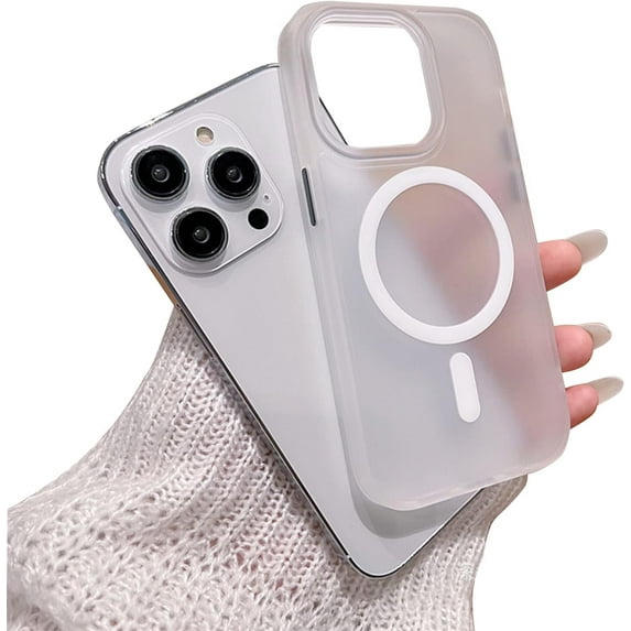 Magnetic Case for iPhone 13 Pro Case Slim Translucent Matte Back Anti-Fingerprint Anti-Scratch Aluminum Alloy Keys Phone Case,White Compatible with MagSafe