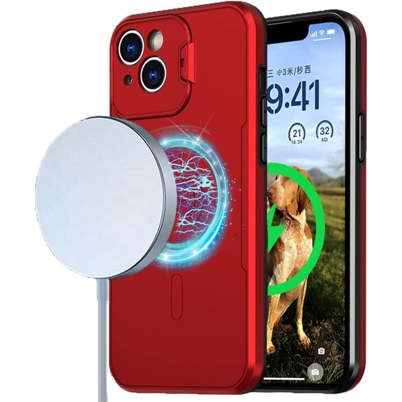 Magnetic Case for iPhone 14 Compatible with MagSafe Charger Foldable Kickstand Camera Protector, Glossy Dual Layer Protective Bumper Cover, with 1 Tempered Screen Protector (Red)