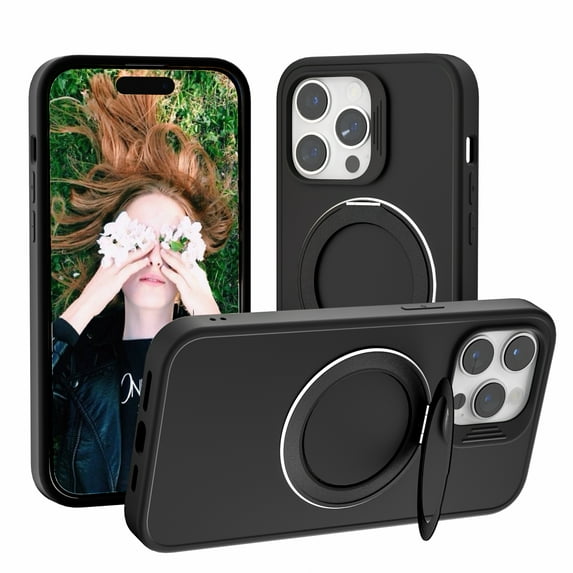 Magnetic Case for iPhone 14 with Hidden Ring Stand, Slim Kickstand Case Compatible with MagSafe Shockproof Soft Microfiber Lining Protective Case Cover for iPhone 14, Black