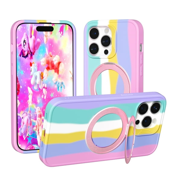 Magnetic Case for iPhone 14 with Hidden Ring Stand, Slim Kickstand Case Compatible with MagSafe Shockproof Soft Microfiber Lining Protective Case Cover for iPhone 14, Colorful