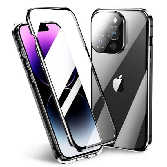 Magnetic Case for iPhone 14,Magnetic Adsorption Shockproof Aluminum Bumper Double Sided Clear Tempered Glass with Lens Protector No Fingerprint Unlock Cover,Black