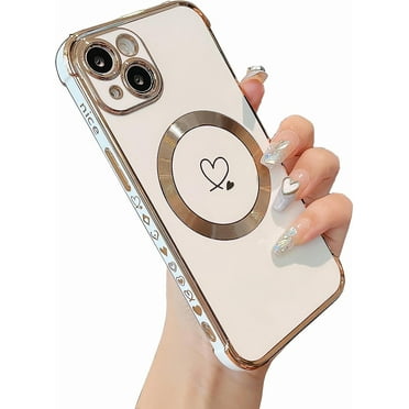 Magnetic Case for iPhone 14 Plus Case 6.7 inch [Compatible with MagSafe] Cute Plating Love Hearts Pattern Case with Camera Protection,Soft Shockproof TPU Bumper Cover for Women Girls,White