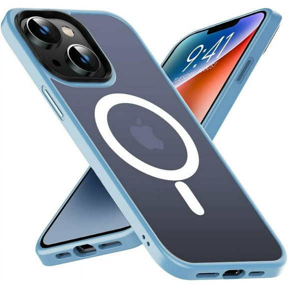 Magnetic Case for iPhone 14 Plus Case,[MIL-Grade Drop Tested & Compatible with MagSafe] Translucent Matte Back with Aluminum Alloy Keys 6.7 Inch, Light Blue