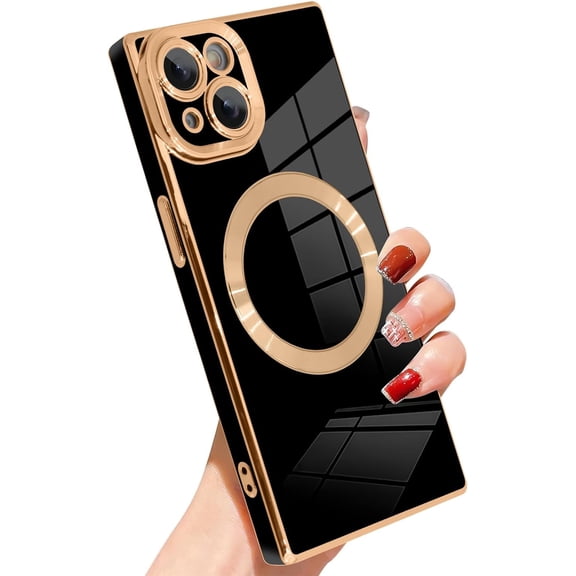 Magnetic Case for iPhone 14 Plus Cute Plating Case[Compatible with Magsafe] for Women Girls Soft TPU Shockproof Camera Protection Electroplate Bumper Cover for iPhone 14 Plus 6.7"- Black