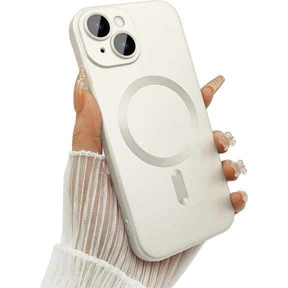 Magnetic Case for iPhone 14 Plus Phone Case for Women, Shockproof Matte Luxury Soft Metallic Luster Design with Camera Lens Protector, Compatible with Magsafe for iPhone 14 Plus 6.7"-White