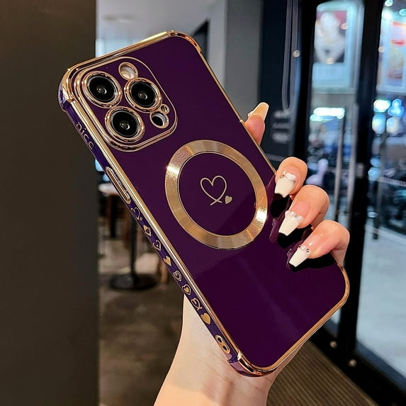 Magnetic Case for iPhone 14 Pro Case 6.1 inch Compatible with MagSafe Cute Plating Love Hearts Pattern Case with Camera Protection,Soft Shockproof TPU Bumper Cover for Women Girls,Dark Violet