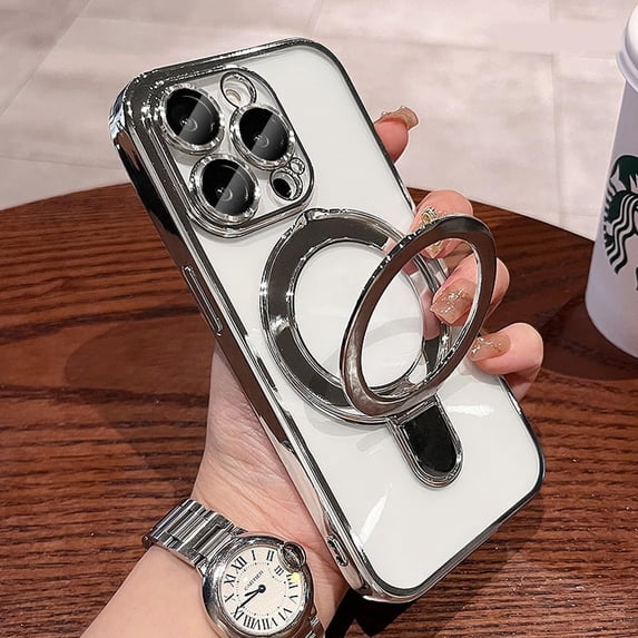 Magnetic Case for iPhone 14 Pro Case Stand & Ring Holder Compatible with MagSafe Built-in Camera Lens Protector Shockproof Phone Case for iPhone 14 Pro 6.1" - Silver