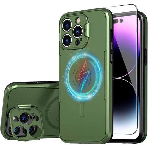 Magnetic Case for iPhone 14 Pro Compatible with MagSafe Charger Foldable Kickstand Camera Protector, Glossy Dual Layer Protective Bumper Cover, with 1 Tempered Screen Protector (Olive Green)