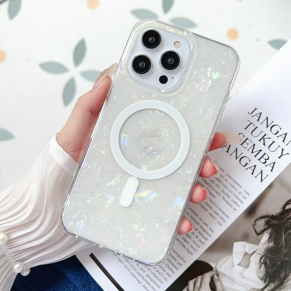 Magnetic Case for iPhone 14 Pro Compatible with MagSafe Wireless Charging, Sparkle Glitter Shell Glossy TPU Shockproof Non-Yellowing Slim Lightweight Cover,White