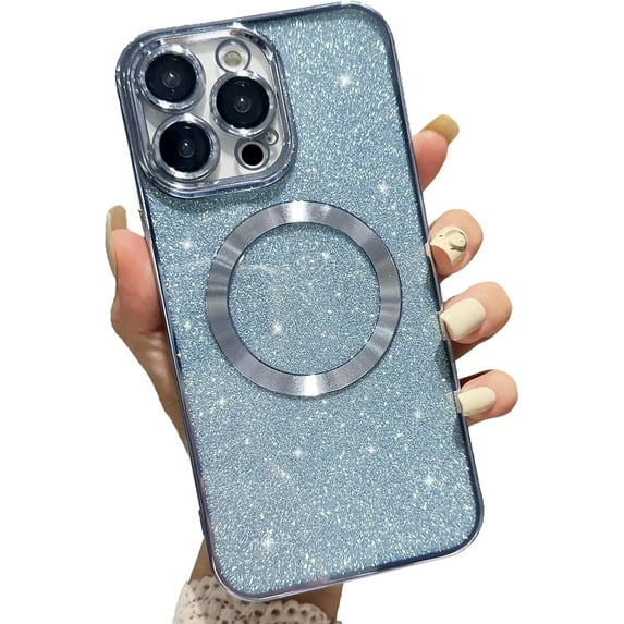 Magnetic Case for iPhone 14 Pro Glitter Case, Luxury Plating Cute Bling with Camera Lens Protector, Compatible with MagSafe, Slim Thin for Women Girls Protective Clear Phone Case, Blue
