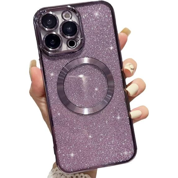 Magnetic Case for iPhone 14 Pro Glitter Case, Luxury Plating Cute Bling with Camera Lens Protector, Compatible with MagSafe, Slim Thin for Women Girls Protective Clear Phone Case, Purple