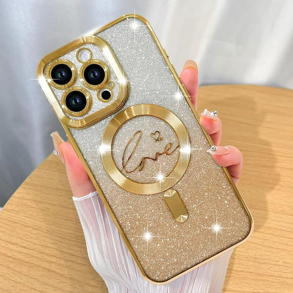 Magnetic Case for iPhone 14 Pro Glitter Case Luxury Plating Love Heart Compatible with MagSafe Clear Case with Camera Protector Protection Shockproof Cover for Women Girls-Gold