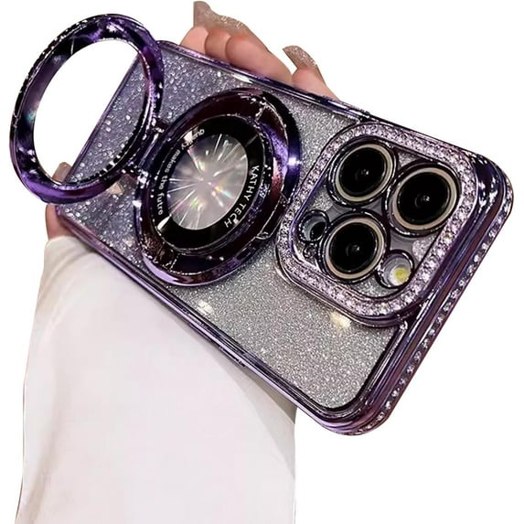 Magnetic Case for iPhone 14 Pro with Holder Stand,Rhinestone Glitter Plated Bling Luxury Phone Case(Compatible with MagSafe) Shockproof Kickstand Design for iPhone 14 Pro-Purple