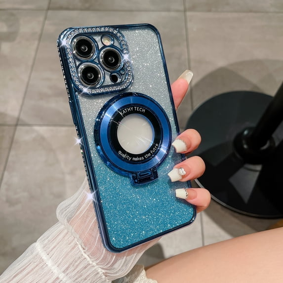 Magnetic Case for iPhone 14 Pro with Holder Stand, Rhinestone Glitter Plated Bling Luxury Phone Case Compatible with MagSafe Shockproof Kickstand Design for iPhone 14 Pro - Blue