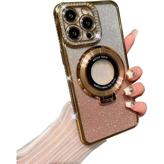 Magnetic Case for iPhone 14 Pro with Holder Stand,Rhinestone Glitter Plated Bling Luxury Phone Case（Compatible with MagSafe） Shockproof Kickstand Design for iPhone 14 Pro-Gold