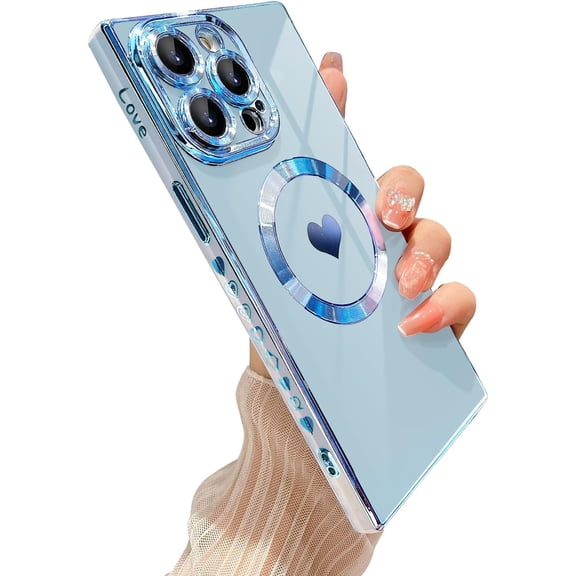 Magnetic  Case for iPhone 14 Pro Max Case [Compatible with Magsafe] Glitter Plating Heart Reinforced Camera Protection Soft Rubber Shockproof Protective Case (Blue)