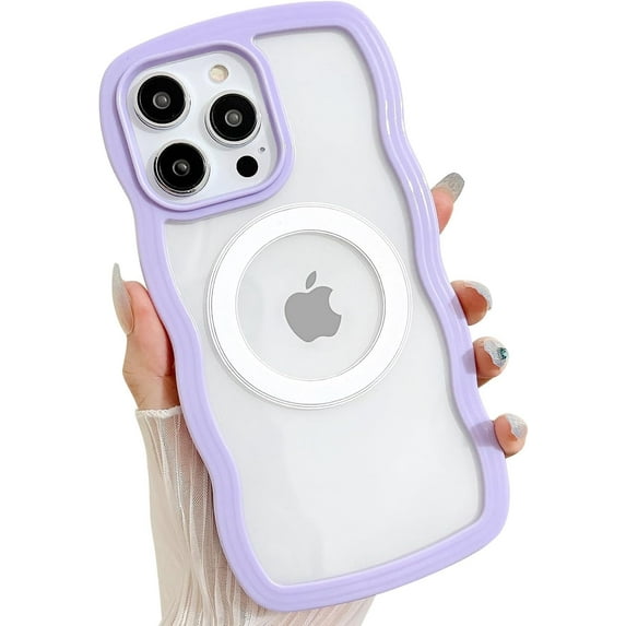 Magnetic Case for iPhone 14 Pro Max Compatible with Magsafe, Cute Curly Wave Frame with Clear Fashion Designs,Soft TPU Shockproof Sturdy Protective Phone Cover for Girls Women-Purple