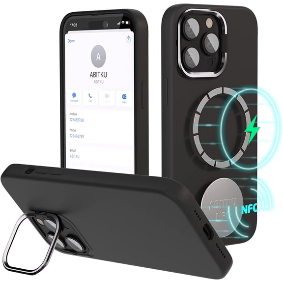 Magnetic Case for iPhone 14 Pro Max, [Compatible with Magsafe] Liquid Silicone Kickstand Case with NFC, Built-in Camera Ring Stand Case Cover 6.7 inch (Black)