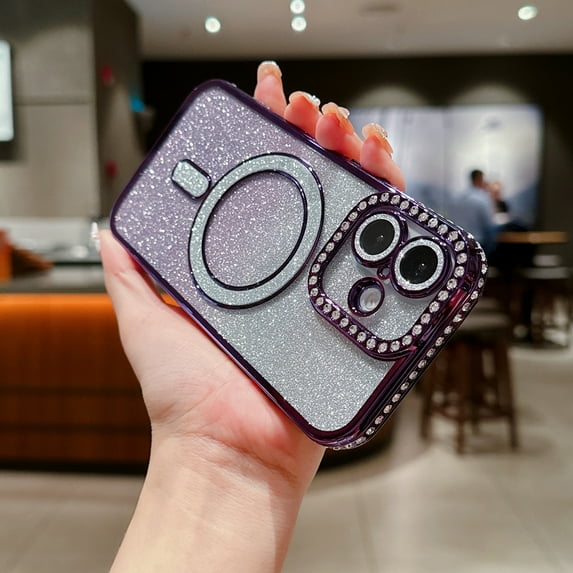 Magnetic Case for iPhone 14 Pro Max, Glitter Bling Clear Cover with Diamond & Gradient Glitter Paper Slim Fit Rugged Compatible with Magsafe Rugged Shockprofo Phone Case for Girls Women,Darkpurple