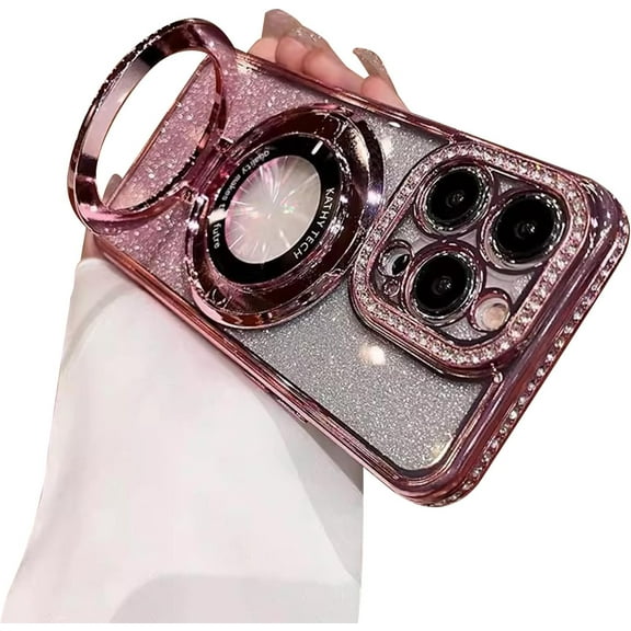 Magnetic Case for iPhone 14 Pro Max with Holder Stand,Rhinestone Glitter Plated Bling Luxury Phone Case(Compatible with MagSafe) Shockproof Kickstand Design for iPhone 14 Pro Max-Pink