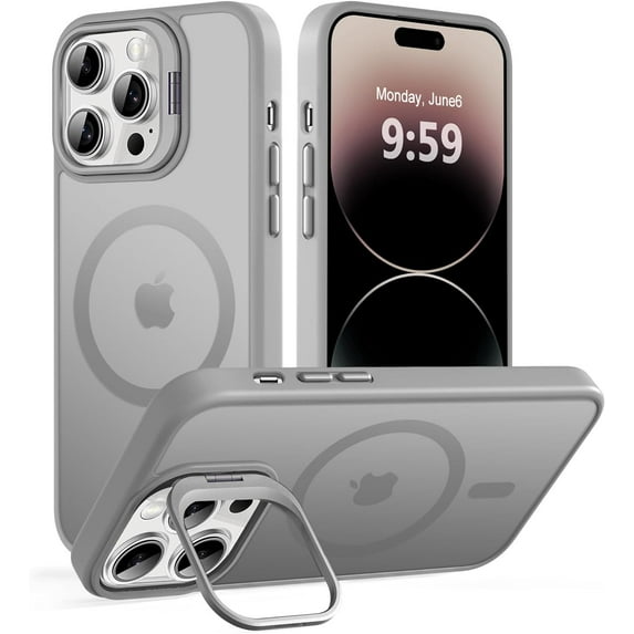 Magnetic Case for iPhone 14 Pro Max with Kicstand, Compatible with Magsafe, Built-in Camera Stash Stand, Military Protection, Skin Feeling Phone Case for iPhone 14 Pro Max, Titanium Gray
