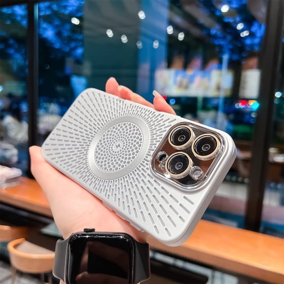 Magnetic Case For iPhone 14 Pro Max, Luxury Electroplated Mesh Hollow Design for Cooling, Ultra Slim Shockproof Protection Cover, Strong Magnet Compatible with MagSafe Accessories,Silver