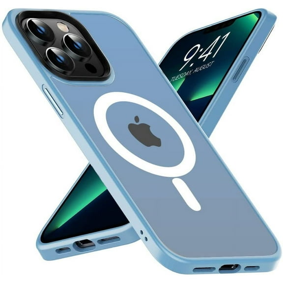 Magnetic Case for iPhone 14 Pro Max Case [MIL-Grade Drop Tested & Compatible with MagSafe] Translucent Matte Back with Aluminum Alloy Keys, Anti-Fingerprint Anti-Scratch 6.1 Inch, Light Blue