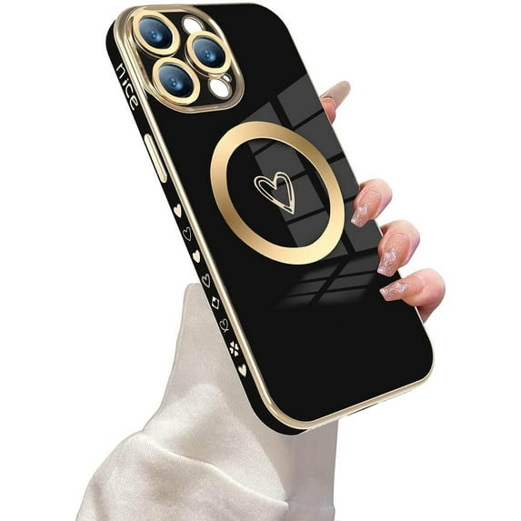 Magnetic Case for iPhone 14 Pro Max Phone Case for Women, Cute Love Heart Soft Magsafe Case, Raised Full Camera Lens Protection for iPhone 14 Pro Max Phone Case Magsafe (6.7")- Black