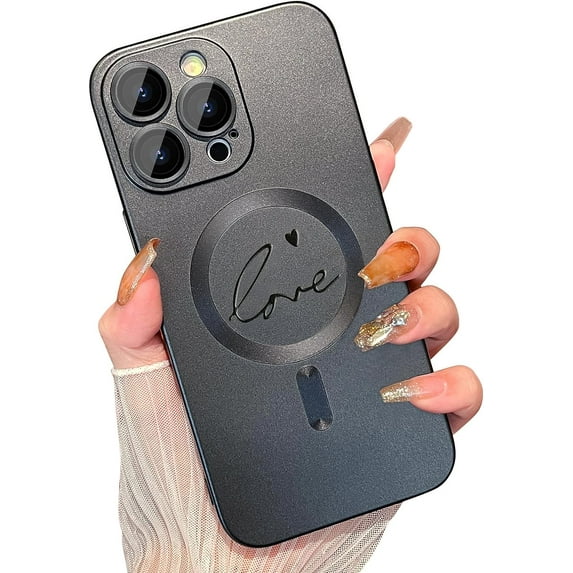 Magnetic Case for iPhone 14 Pro Max Phone Case for Women, Matte Luxury Soft Metallic Luster Cute Letter Love-Heart Pattern Design for iPhone 14 Pro Max 6.7'' with Camera Protector-Black