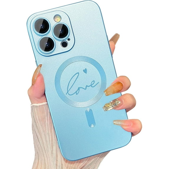 Magnetic Case for iPhone 14 Pro Max Phone Case for Women, Matte Luxury Soft Metallic Luster Cute Letter Love-Heart Pattern Design for iPhone 14 Pro Max 6.7'' with Camera Protector-Blue