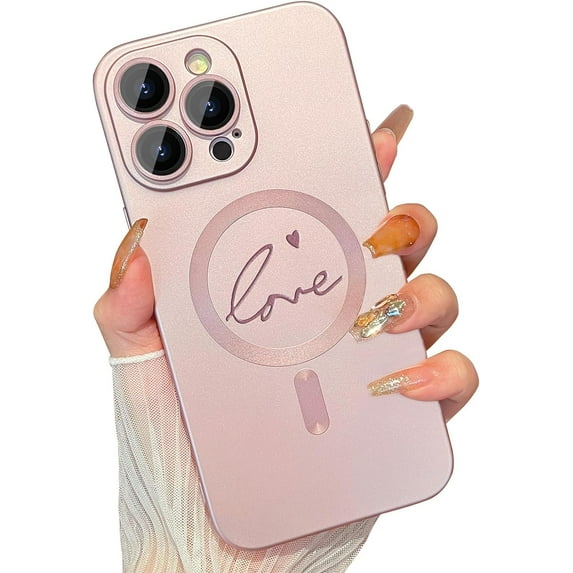 Magnetic Case for iPhone 14 Pro Max Phone Case for Women, Matte Luxury Soft Metallic Luster Cute Letter Love-Heart Pattern Design for iPhone 14 Pro Max 6.7'' with Camera Protector-Pink