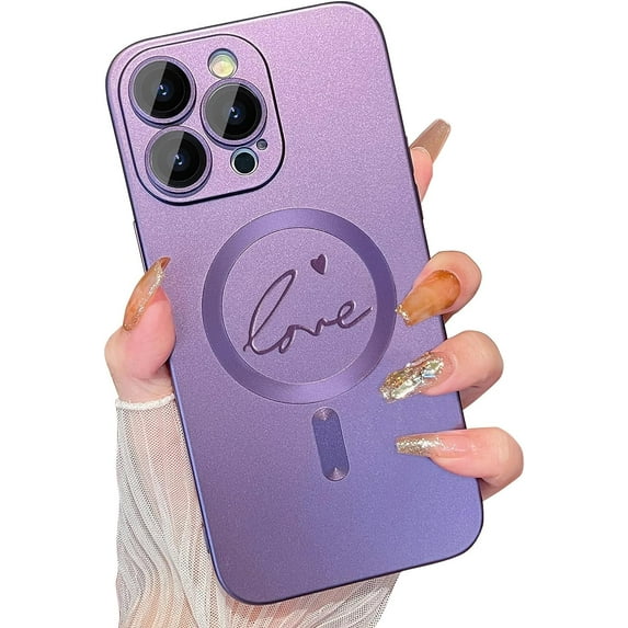 Magnetic Case for iPhone 14 Pro Max Phone Case for Women, Matte Luxury Soft Metallic Luster Cute Letter Love-Heart Pattern Design for iPhone 14 Pro Max 6.7'' with Camera Protector-Purple