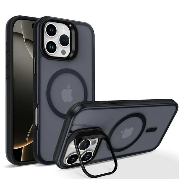 Magnetic Case for iPhone 15 with Camera Cover Kickstand, Matte Shock-Absorbent PC+TPU Protective Anti-Scratch Anti-Fingerprint Lightweight Phone Cover, Compatible with MagSafe, Black