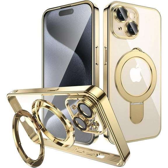 Magnetic Case for iPhone 15 Case Magsafe with Invisible Stand Kickstand Camera Protector Plating 10FT Shockproof Soft Rubber Clear Protective Phone Case (Gold)