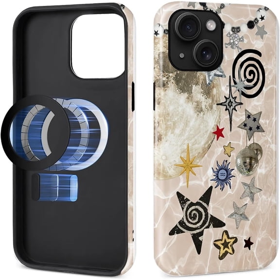 Magnetic Case for iPhone 15, Compatible with Magsafe Hybrid Heavy Duty 2 in 1 Full Body Rugged Shockproof Protection Glossy Case for iPhone 15 Retro Night Stars Y2k Collage