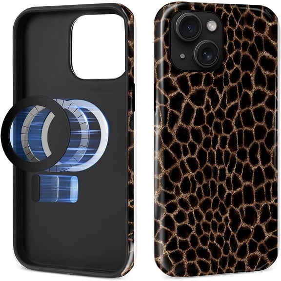 Magnetic Case for iPhone 15, Compatible with Magsafe Hybrid Heavy Duty 2 in 1 Full Body Rugged Shockproof Protection Glossy Case for iPhone 15 Tortoise Shell Leopard Print