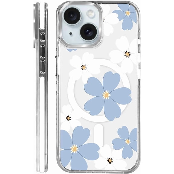 Magnetic Case for iPhone 15 Design On Clear Base, Compatible with MagSafe, Slim Protective Soft TPU Bumper Phone Cover Women Girls Case-Cute Blue Flower Garden