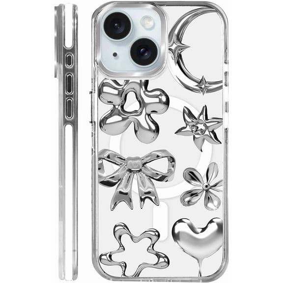 Magnetic Case for iPhone 15 Design On Clear Base, Compatible with MagSafe, Slim Protective Soft TPU Bumper Phone Cover Women Girls Case Imitation Metal Flower Bow