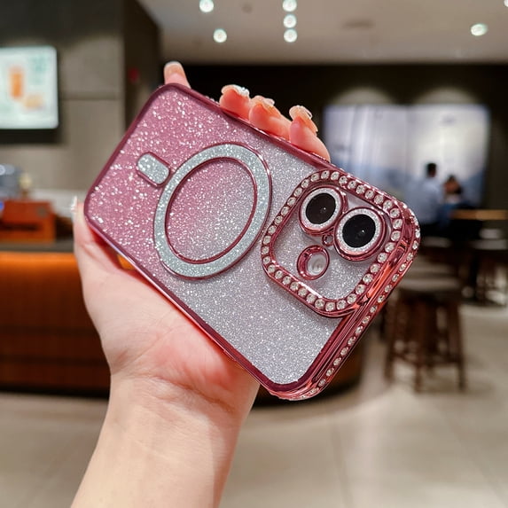 Magnetic Case for iPhone 15, Glitter Bling Clear Cover with Diamond & Gradient Glitter Paper Slim Fit Rugged Compatible with Magsafe Rugged Shockprofo Phone Case for Girls Women,Pink