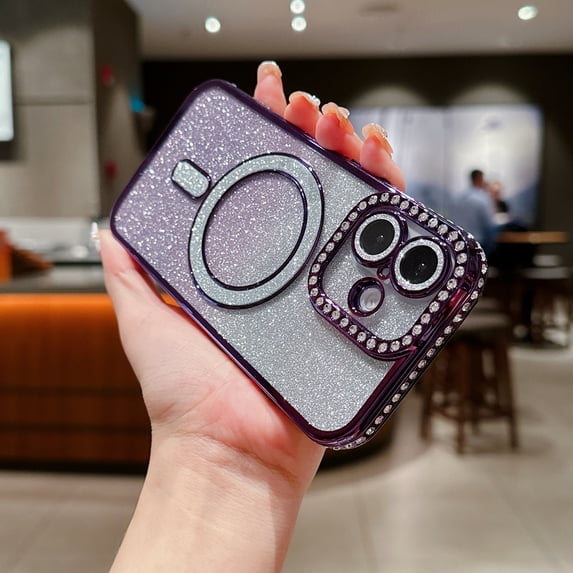 Magnetic Case for iPhone 15, Glitter Bling Clear Cover with Diamond & Gradient Glitter Paper Slim Fit Rugged Compatible with Magsafe Rugged Shockprofo Phone Case for Girls Women,Darkpurple