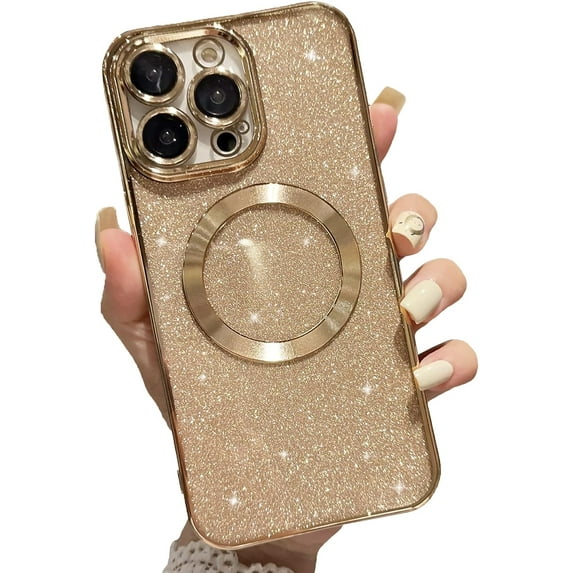 Magnetic Case for iPhone 15 Glitter, Luxury Plating Bling with Camera Lens Protector, Compatible with MagSafe, Slim Thin for Women Girls Shockproof Protective Clear Phone Cover, Gold