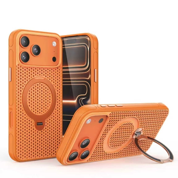 Magnetic Case For iPhone 15 Plus, Breathable Honeycomb Mesh Heat Dissipation Cover with 360 Rotatable Ring Kickstand, Shockproof Protective Phone Case Compatible with MagSafe,Orange