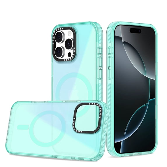 Magnetic Case for iPhone 15 Plus, Compatible with MagSafe Charging Soft TPU Bumper Slim Shockproof Protective Cute PC Back Cover for iPhone 15 Plus, Diamond Metal Camera Frame, Mintgreen