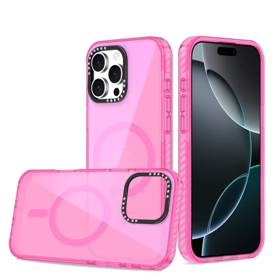 Magnetic Case for iPhone 15 Plus, Compatible with MagSafe Charging Soft TPU Bumper Slim Shockproof Protective Cute PC Back Cover for iPhone 15 Plus, Diamond Metal Camera Frame, Pink