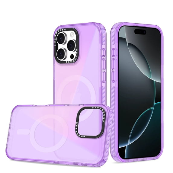 Magnetic Case for iPhone 15 Plus, Compatible with MagSafe Charging Soft TPU Bumper Slim Shockproof Protective Cute PC Back Cover for iPhone 15 Plus, Diamond Metal Camera Frame, Purple