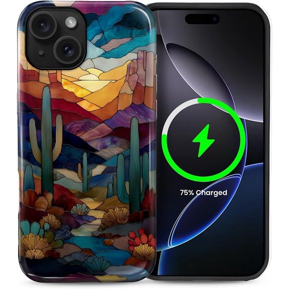 Magnetic Case for iPhone 15 Plus, Compatible with MagSafe Hybrid Heavy Duty 2 in 1 Full Body Rugged Shockproof Protection Glossy Case Stained Glass Cactus Desert Western